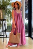 Made in Italy Paulo Pillow Cotton Tie Shoulder Maxi Dress Indian Pink